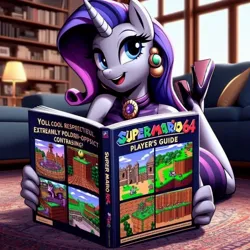 Size: 1024x1024 | Tagged: safe, ai content, derpibooru import, machine learning generated, rarity, anthro, bookshelf, carpet, clothes, couch, female, g4, guidebook, holding, image, irl, jpeg, lamp, living room, lying down, photo, prompter:horselover fat, prone, shoes, solo, super mario 64, super mario bros.