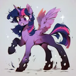 Size: 1024x1024 | Tagged: safe, ai content, derpibooru import, machine learning generated, stable diffusion, twilight sparkle, twilight sparkle (alicorn), alicorn, changeling, pony, changelingified, derpibooru exclusive, feathered wings, female, generator:pony diffusion v6 xl, generator:purplesmart.ai, image, mare, mid-transformation, png, raised hoof, shocked, shocked expression, simple background, solo, solo female, species swap, spread wings, transformation, twiling, wings