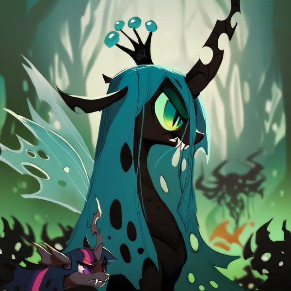 Size: 1024x1024 | Tagged: prompter needed, safe, ai content, derpibooru import, machine learning generated, stable diffusion, queen chrysalis, twilight sparkle, changeling, changeling queen, changelingified, crown, derpibooru exclusive, duo, duo female, fangs, female, generator:pony diffusion v6 xl, generator:purplesmart.ai, hive, image, insect wings, jewelry, png, regalia, slit pupils, species swap, twiling, wings