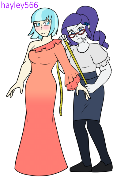 Size: 1865x2679 | Tagged: safe, artist:hayley566, derpibooru import, coco pommel, rarity, equestria girls, alternate hairstyle, blushing, clothes, commission, dress, duo, equestria girls-ified, female, flats, glasses, glasses rarity, image, lesbian, measuring, measuring tape, mouth hold, png, ponytail, sewing needle, shirt, shoes, simple background, skirt, socks, stockings, thigh highs, transparent background