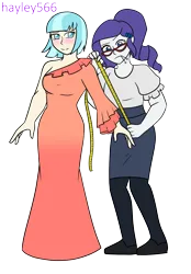 Size: 1865x2679 | Tagged: safe, artist:hayley566, derpibooru import, coco pommel, rarity, equestria girls, alternate hairstyle, blushing, clothes, commission, dress, duo, equestria girls-ified, female, flats, glasses, glasses rarity, image, lesbian, measuring, measuring tape, mouth hold, png, ponytail, sewing needle, shirt, shoes, simple background, skirt, socks, stockings, thigh highs, transparent background