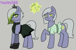 Size: 2391x1575 | Tagged: safe, artist:hayley566, derpibooru import, limestone pie, earth pony, pony, alternate cutie mark, alternate hairstyle, alternate universe, bracelet, choker, clothes, crown, dress, dyed mane, female, fishnets, gloves, gray background, hair over one eye, image, jewelry, lidded eyes, lipstick, mare, png, raised hoof, redemptiverse, regalia, shirt, simple background, skirt, solo, spiked choker, spiked wristband, wristband