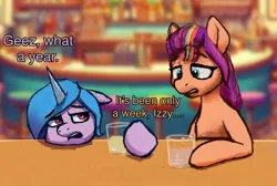 Size: 2000x1340 | Tagged: safe, artist:phutashi, derpibooru import, izzy moonbow, sunny starscout, earth pony, pony, unicorn, g5, bar, dialogue, drink, duo, eyebrows, eyebrows visible through hair, female, floppy ears, glass, image, mane stripe sunny, mare, png