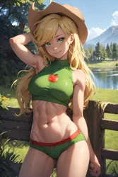 Size: 1536x2304 | Tagged: suggestive, ai content, derpibooru import, editor:sammykun, machine learning generated, applejack, human, equestria girls, abs, apple, arm behind head, belly button, bikini, blonde, blonde hair, breasts, busty applejack, clothes, cloud, daylight, female, food, freckles, g4, grass, green eyes, hat, humanized, image, jpeg, lake, long hair, looking at you, midriff, sexy, sky, smiling, solo, stupid sexy applejack, swimsuit, water