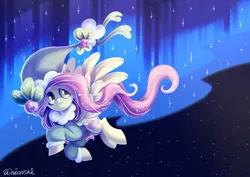Size: 3536x2500 | Tagged: safe, artist:neonishe, derpibooru import, fluttershy, pegasus, pony, clothes, cute, flying, hat, image, png, sky, solo
