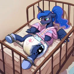Size: 768x768 | Tagged: suggestive, ai content, derpibooru import, machine learning generated, stable diffusion, princess luna, alicorn, pony, bdsm, blue eyes, blushing, bondage, booties, clothes, crib, cutie mark, diaper, diaper bondage, diaper fetish, ethereal mane, ethereal tail, fetish, generator:purplesmart.ai, image, jpeg, messy diaper, onesie, pajamas, ponytail, poofy diaper, simple background, spreader bar, tail, used diaper, wet diaper