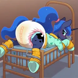 Size: 768x768 | Tagged: suggestive, ai content, derpibooru import, machine learning generated, stable diffusion, princess luna, alicorn, pony, bdsm, blue eyes, blushing, bondage, clothes, crib, cutie mark, diaper, diaper bondage, diaper fetish, dock, ethereal mane, ethereal tail, fetish, frog (hoof), generator:purplesmart.ai, image, jpeg, looking back, messy diaper, onesie, pajamas, ponytail, poofy diaper, simple background, socks, spreader bar, tail, underhoof, used diaper, wet diaper