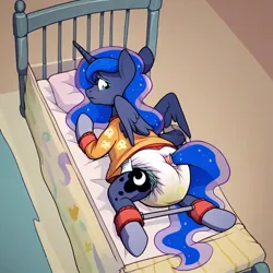 Size: 768x768 | Tagged: suggestive, ai content, derpibooru import, machine learning generated, stable diffusion, princess luna, alicorn, pony, bdsm, blue eyes, blushing, bondage, clothes, crib, cutie mark, diaper, diaper bondage, diaper fetish, ethereal mane, ethereal tail, fetish, generator:purplesmart.ai, image, jpeg, messy diaper, onesie, pajamas, ponytail, simple background, socks, spreader bar, tail, used diaper, wet diaper, wings