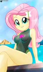 Size: 572x960 | Tagged: safe, artist:charliexe, derpibooru import, fluttershy, equestria girls, breasts, busty fluttershy, clothes, cloud, cute, eyeshadow, female, grin, image, jpeg, makeup, one-piece swimsuit, rock, shyabetes, sky, smiling, solo, stupid sexy fluttershy, swimsuit, water, wetsuit
