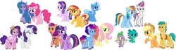 Size: 3999x1155 | Tagged: safe, artist:tylerajohnson352, derpibooru import, applejack, fluttershy, hitch trailblazer, izzy moonbow, pinkie pie, pipp petals, rainbow dash, rarity, sparky sparkeroni, spike, starlight glimmer, sunny starscout, sunset shimmer, trixie, twilight sparkle, twilight sparkle (alicorn), zipp storm, alicorn, dragon, earth pony, pegasus, pony, unicorn, g5, crossover, female, g4, hitch and his heroine, image, izzy and her heroine, male, mane six, mane stripe sunny, misty and her heroine, misty brightdawn, pipp and her heroine, png, rebirth misty, sunny and her heroine, zipp and her heroine