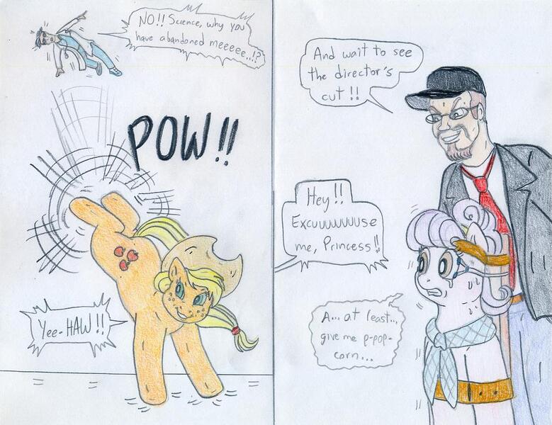 Size: 961x740 | Tagged: semi-grimdark, artist:jose-ramiro, derpibooru import, applejack, suri polomare, earth pony, human, pony, channel awesome, dr. insano, female, image, jpeg, male, mare, nostalgia critic