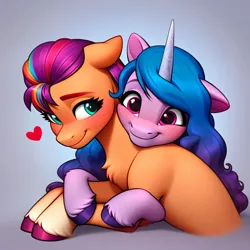 Size: 4096x4096 | Tagged: safe, ai content, derpibooru import, machine learning generated, prompter:catu, stable diffusion, izzy moonbow, sunny starscout, earth pony, pony, unicorn, g5, absurd resolution, adorable face, blushing, cuddling, cute, daaaaaaaaaaaw, duo, duo female, female, floating heart, floppy ears, generator:pony diffusion v6 xl, generator:purplesmart.ai, heart, hug, hug from behind, image, izzybetes, lesbian, looking at each other, looking at someone, mane stripe sunny, mare, png, ship:moonscout, shipping, smiley face, smiling, smiling at each other, sunnybetes, unshorn fetlocks