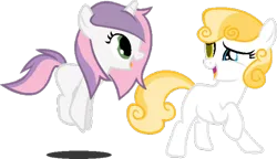 Size: 600x346 | Tagged: safe, artist:firepony-bases, artist:softfang, sweetie belle, oc, oc:puddleheart, earth pony, pony, unicorn, base used, colored pupils, duo, duo female, female, filly, heterochromia, image, jumping, mane swap, open smile, png, simple background, transparent background
