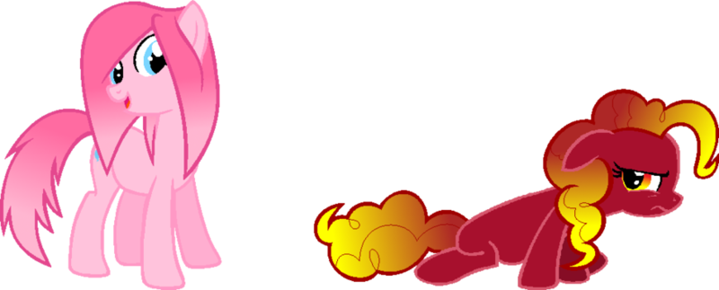 Size: 900x363 | Tagged: safe, artist:bronybase, artist:softfang, pinkie pie, oc, oc:paragon ire, earth pony, pony, base used, duo, duo female, female, gradient mane, grumpy, image, mane swap, mare, open smile, png, simple background, transparent background