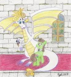 Size: 1022x1100 | Tagged: safe, artist:opti, derpibooru import, oc, oc:broadside barb, oc:guiding light, dragon, earth pony, dragonified, female, image, jewelry, jpeg, looking at each other, looking at someone, ruins, species swap, traditional art