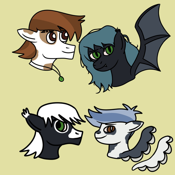 Size: 1640x1640 | Tagged: safe, artist:dexterousdecarius, derpibooru import, pipsqueak, oc, oc:cowlick, oc:moonshine, oc:teenytiny, bat pony, pegasus, age difference, bat pony oc, bat wings, brothers, canon x oc, coat markings, colored wings, facial markings, family, headcanon in the description, hybrid oc, image, jewelry, jpeg, male, messy mane, necklace, older, older pipsqueak, parent:oc:moonshine, parent:pipsqueak, parents:canon x oc, pegasus oc, pinto, siblings, simple background, spots, two toned wings, wings, yellow background