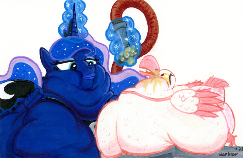 Size: 5041x3288 | Tagged: questionable, artist:white-eyed vireo, derpibooru import, princess luna, alicorn, bird, goose, pony, belly, big belly, bingo wings, butt, chubby cheeks, cider, derpibooru exclusive, double chin, drawing, duo, fat, fat fetish, feeding tube, female, fetish, flabby chest, force feeding, g4, hose, huge belly, huge butt, image, immobile, impossibly large belly, impossibly obese, jpeg, large butt, monochrome, morbidly obese, multichin, neck roll, not salmon, obese, redraw, rolls of fat, shitposting, stuffed, stuffing, traditional art, triple chin, unamused, wat