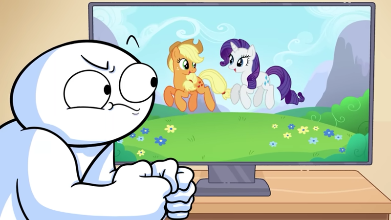 Size: 1366x768 | Tagged: safe, artist:theodd1sout, derpibooru import, edit, edited screencap, screencap, applejack, rarity, earth pony, human, pony, unicorn, animated at source, animation before computers (theodd1sout), duo, episode reference, eyebrows, fist, image, james (theodd1sout), looking at each other, looking at someone, png, raised eyebrow, reference, video at source, youtube, youtube link