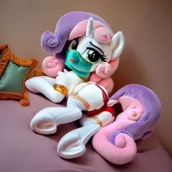 Size: 1024x1024 | Tagged: suggestive, ai content, derpibooru import, machine learning generated, sweetie belle, pony, unicorn, clothes, dock, female, filly, foal, garters, generator:pony diffusion v6 xl, image, lewd, lidded eyes, mask, panties, pillow, plushie, png, sheer silk, socks, tail, tongue out, underwear