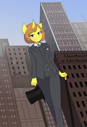 Size: 868x1280 | Tagged: safe, artist:furrgroup, derpibooru import, oc, oc:copper gearheart cog, unofficial characters only, anthro, unicorn, cane, city, clothes, female, hat, image, jpeg, looking at you, necktie, short hair, solo, suit, three piece suit, top hat, vest