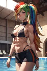 Size: 1280x1920 | Tagged: suggestive, ai content, derpibooru import, editor:sammykun, machine learning generated, rainbow dash, human, equestria girls, abs, bikini, bracelet, breasts, busty rainbow dash, choker, clothes, erect nipples, female, fetish, fit, g4, generator:yodayo, humanized, image, indoors, jewelry, jpeg, long hair, looking at you, muscle fetish, muscles, muscular female, nipple outline, ponytail, prompter:sammykun, shorts, slender, smiling, solo, standing, stupid sexy rainbow dash, swimming pool, swimsuit, thighs, thin, water