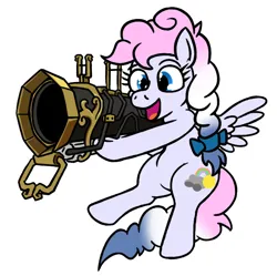 Size: 776x774 | Tagged: safe, artist:jargon scott, derpibooru import, oc, oc:heavy weather, pegasus, bow, deep rock galactic, grenade launcher, hair bow, happy, image, pegasus oc, png, simple background, this will end in death, weapon, white background, wings