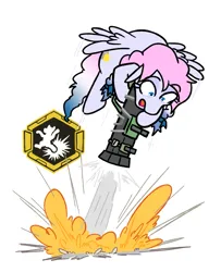 Size: 823x1015 | Tagged: safe, artist:jargon scott, derpibooru import, oc, oc:heavy weather, pegasus, bow, deep rock galactic, grenade, hair bow, image, pegasus oc, png, rocket jump, scared, this will end in death, wings