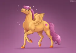 Size: 2292x1607 | Tagged: safe, alternate version, artist:jenery, derpibooru import, scootaloo, pegasus, pony, female, g4, grin, hoers, image, mare, older, older scootaloo, pink background, png, scootaloo can't fly, signature, simple background, small wings, smiling, solo, sparkles, wings