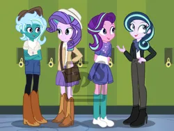 Size: 1030x776 | Tagged: safe, artist:paulysentry, derpibooru import, oc, unofficial characters only, equestria girls, applejack's cowboy boots, boots, canterlot high, clothes, cowboy boots, cowboy hat, hat, high heel boots, image, jacket, jpeg, lockers, patreon, patreon reward, scarf, shirt, shoes, shorts, skirt, socks, vest