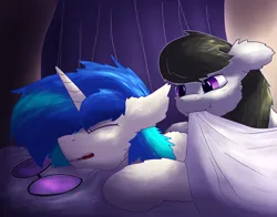 Size: 2800x2200 | Tagged: safe, artist:gosha305, derpibooru import, octavia melody, vinyl scratch, earth pony, pony, unicorn, bed, cheek fluff, chest fluff, covers, cute, duo, ear fluff, female, floppy ears, fluffy, g4, high res, horn, image, lesbian, looking at someone, mare, mouth hold, open mouth, png, scratchtavia, shipping, sleeping, smiling, tavibetes, tucking in, vinylbetes