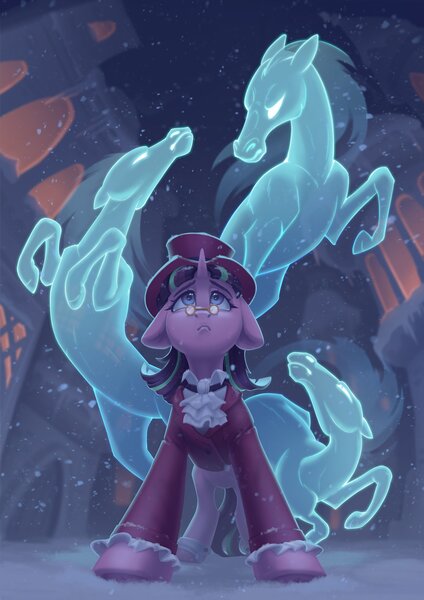 Size: 2896x4096 | Tagged: safe, artist:amishy, derpibooru import, snowfall frost, starlight glimmer, pony, unicorn, windigo, a hearth's warming tail, female, glow, glowing eyes, hat, image, jpeg, looking up, mare, solo, top hat