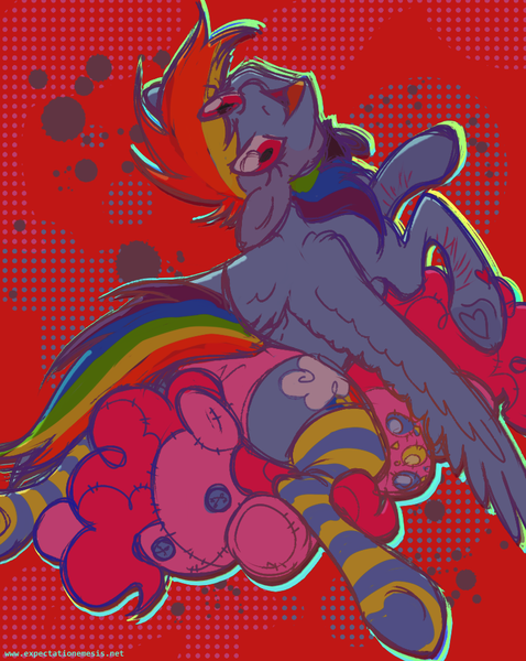 Size: 776x975 | Tagged: questionable, artist:expectationemesis, derpibooru import, pinkie pie, rainbow dash, pegasus, pony, abstract background, button eyes, clothes, colored lineart, colored sketch, cut, duo, duo female, eye clipping through hair, female, g4, halftone, hoof heart, image, insanity, looking at you, looking back, looking back at you, mare, obsession, open mouth, open smile, panties, pink underwear, pinkie pie plushie, plushie, png, raised leg, red background, saturated, self harm, simple background, sitting, sketch, smiling, socks, splatter, spread wings, stockings, striped socks, thigh highs, underhoof, underwear, wings