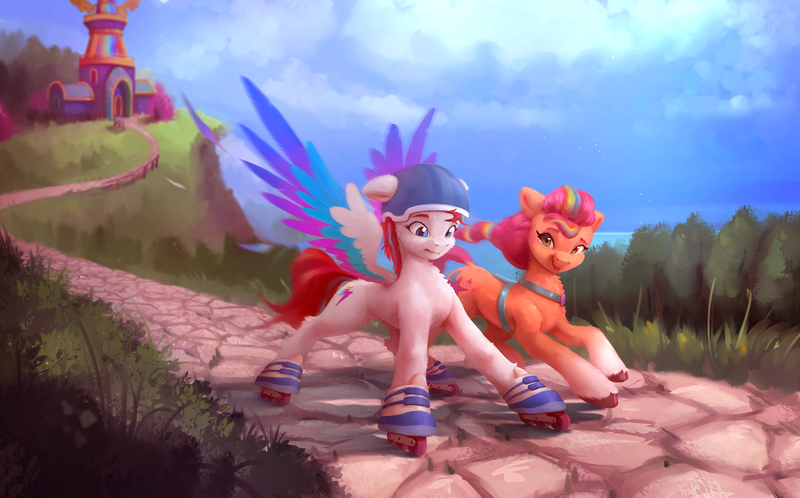 Size: 4709x2934 | Tagged: safe, alternate version, artist:itssim, derpibooru import, sunny starscout, zipp storm, earth pony, pegasus, pony, g5, adorable distress, beautiful, cliff, cloud, colored, colored wings, commission, commissioner:snowy comet, concave belly, crystal brighthouse, cute, day, depth of field, duo, fence, floppy ears, grass, gritted teeth, helmet, high res, hooves, image, lighting, mane stripe sunny, maretime bay, motion blur, multicolored wings, nervous, open mouth, outdoors, png, road, roller skates, rollerblades, running, satchel, scared, scenery, scenery porn, shading, skates, sky, slender, spread wings, story included, sweat, teaching, teeth, thin, tree, twilight sparkle's cutie mark, unshorn fetlocks, wall of tags, water, wings
