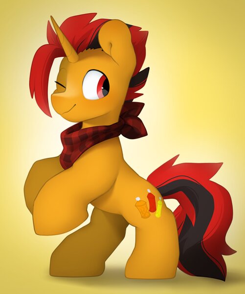 Size: 2927x3508 | Tagged: safe, artist:mochi_nation, derpibooru import, oc, unofficial characters only, pony, unicorn, bandana, commission, gradient background, image, jpeg, male, one eye closed, plaid, rearing, smiling, solo, stallion