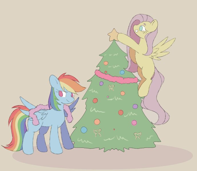 Size: 1470x1279 | Tagged: safe, artist:freyamilk, derpibooru import, fluttershy, rainbow dash, pegasus, pony, beige background, christmas, christmas tree, duo, female, holiday, image, jpeg, looking back, mare, missing cutie mark, no pupils, simple background, smiling, tinsel, tree