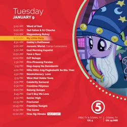 Size: 1080x1080 | Tagged: safe, derpibooru import, screencap, twilight sparkle, pony, unicorn, luna eclipsed, cignal, eat bulaga, female, image, jpeg, mare, philippines, schedule, star swirl the bearded costume, text, tv5, unicorn twilight