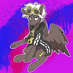 Size: 1000x1000 | Tagged: safe, artist:wax feather, derpibooru import, oc, oc:wax feather, unofficial characters only, pegasus, abstract background, clothes, cosplay, costume, guzma, image, jacket, jewelry, necklace, pegasus oc, png, pokémon, sitting, team skull, wings