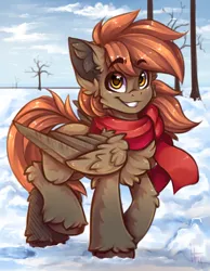 Size: 1200x1544 | Tagged: safe, artist:falafeljake, derpibooru import, oc, oc:winterlight, unofficial characters only, pegasus, pony, taiga pony, chest fluff, clothes, ear fluff, eyebrows, eyebrows visible through hair, fluffy, folded wings, image, looking at you, pegasus oc, png, race swap, scarf, smiling, smiling at you, snow, solo, unshorn fetlocks, wings, winter