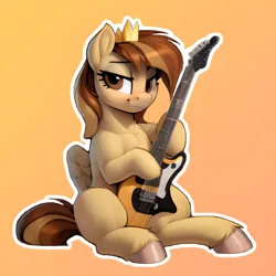 Size: 2048x2048 | Tagged: safe, ai content, derpibooru import, machine learning generated, prompter:felixx, stable diffusion, oc, oc:prince whateverer, pegasus, crown, electric guitar, generator:easyfluff v11.2, gradient background, guitar, image, jewelry, musical instrument, pegasus oc, photoshop, png, regalia, sitting, wings