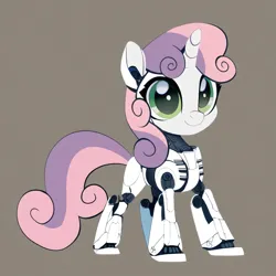 Size: 4096x4096 | Tagged: safe, ai content, derpibooru import, machine learning generated, prompter:k. dale, stable diffusion, sweetie belle, pony, robot, unicorn, absurd resolution, cute, female, filly, foal, g4, generator:purplesmart.ai, gray background, image, jpeg, looking at you, mare, simple background, smiling, smiling at you, solo, standing, sweetie bot