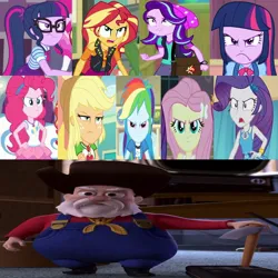 Size: 828x828 | Tagged: safe, artist:questphillips, derpibooru import, edit, edited screencap, screencap, applejack, fluttershy, pinkie pie, rainbow dash, rarity, sci-twi, starlight glimmer, sunset shimmer, twilight sparkle, human, equestria girls, angry, applejack is not amused, crossed arms, crossover, disney, disney villains, female, g4, humane five, humane seven, humane six, image, jpeg, male, pixar, stinky pete, toy, toy story, toy story 2, twolight, unamused