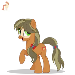 Size: 2500x2500 | Tagged: safe, artist:r4hucksake, derpibooru import, oc, oc:evercrisp pip, earth pony, pony, bow, female, image, mare, open mouth, png, ponytail, raised hoof, simple background, smiling, solo, transparent background
