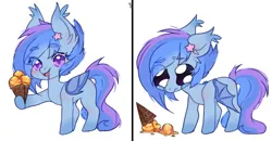 Size: 2633x1371 | Tagged: safe, artist:ruru_01, derpibooru import, oc, unofficial characters only, bat pony, pony, bat pony oc, bat wings, blushing, chibi, female, folded wings, food, funny, ice cream, ice cream cone, image, looking at something, png, simple background, smiling, solo, white background, wings