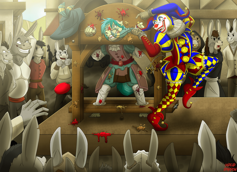 Size: 2251x1637 | Tagged: semi-grimdark, artist:undead_sparrow, ponerpics import, ponybooru import, sandbar, anthro, donkey, earth pony, plantigrade anthro, pony, series:saga of sandbard, bard, barefoot, bell, bell collar, bondage, clown nose, collar, commission, crowd, dancing, fantasy class, feathered hat, feet, floppy ears, hat, humiliation, image, imminent sneeze, jester, jester hat, jester motley, jingle bells, makeup, male, medieval, minstrel, mocking, pantaloons, pelted with vegetables, png, prisoner, public bondage, public humiliation, puffy sleeves, punishment, red nose, ruff (clothing), ruffles, sneeze torture, splatter, stallion, stocks, teasing, town, town square