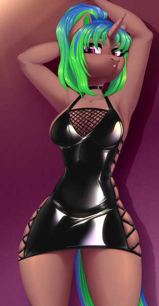 Size: 1520x2920 | Tagged: safe, artist:nika-rain, derpibooru import, oc, unofficial characters only, anthro, unicorn, breasts, commission, hands up, image, latex, latex dress, png, solo, ych result, your character here