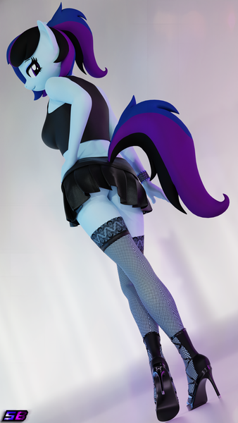 Size: 2160x3840 | Tagged: suggestive, alternate version, artist:shadowboltsfm, derpibooru import, oc, oc:maple cake, anthro, plantigrade anthro, 3d, blender, bracelet, breasts, clothes, crossed legs, feet, female, hand on hip, high heels, high res, image, jewelry, looking at you, looking back, looking back at you, not sfm, png, ponytail, pose, sexy, shoes, skirt, smiling, socks, solo, stockings, thigh highs