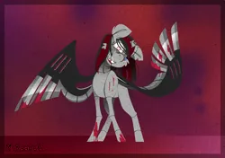 Size: 1698x1192 | Tagged: safe, artist:mrraapeti, derpibooru import, oc, unofficial characters only, alicorn, pony, robot, robot pony, alicorn oc, blood, damaged, horn, image, png, solo, wings