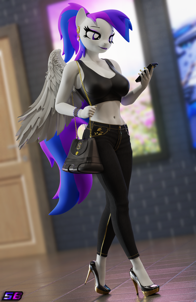 Size: 2160x3320 | Tagged: safe, artist:shadowboltsfm, derpibooru import, oc, oc:inkwell stylus, anthro, plantigrade anthro, 3d, blender, bracelet, breasts, clothes, denim, ear piercing, earring, eyeshadow, high heels, high res, image, jeans, jewelry, lipstick, makeup, nail polish, not sfm, pants, phone, piercing, png, ponytail, purse, sexy, shoes, short shirt