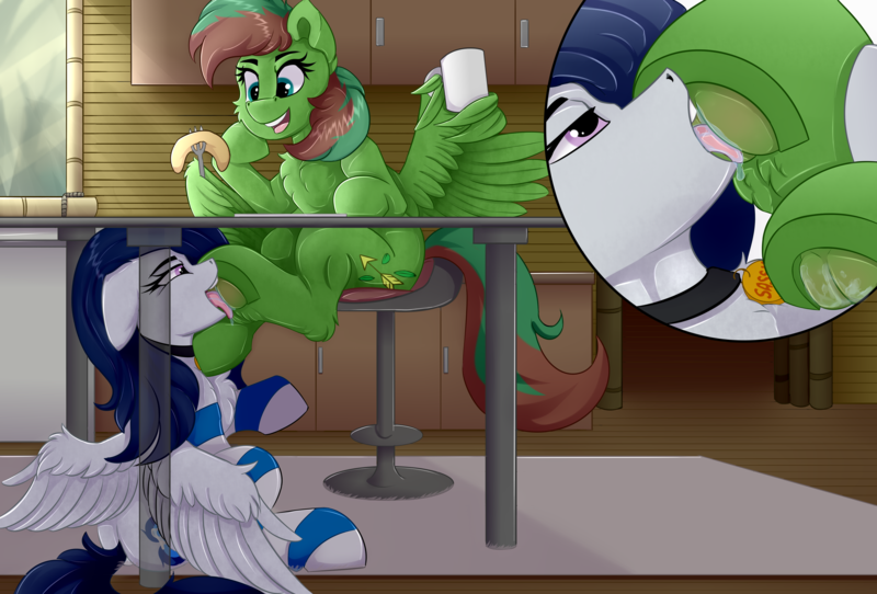 Size: 6200x4200 | Tagged: questionable, alternate version, artist:leon_zi, derpibooru import, oc, oc:sassysvczka, oc:windy barebow evergreen, unofficial characters only, pegasus, pony, ankle fluff, bamboo, bar stool, birthday art, birthday gift, bored domination, breakfast, cabinet, carpet, chair, cheek fluff, chest fluff, close-up, clothes, collar, domination, drool, eyes on the prize, fetish, food, forest, frog (hoof), gift art, hoof fetish, hoof licking, hoof slave, hoof worship, image, indoors, kitchen, licking, lidded eyes, mug, name tag, nature, newspaper, open mouth, pancakes, pet tag, png, reading, see-through, sitting, slave, slavery, smiling, socks, spread wings, stockings, striped socks, submissive, table, thigh highs, tongue out, transparent object, tree, under the table, underhoof, window, wing fluff, wing hold, wings