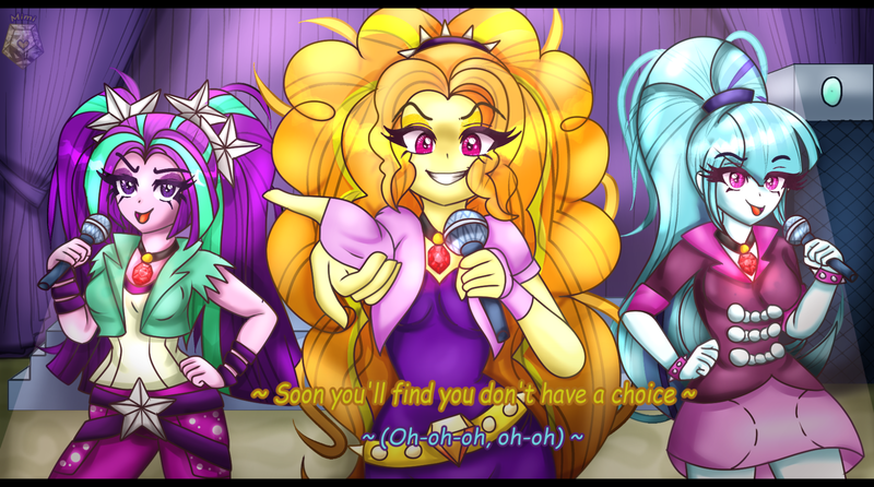 Size: 1836x1024 | Tagged: safe, artist:dazzlingmimi, derpibooru import, adagio dazzle, aria blaze, sonata dusk, human, equestria girls, g4, female, image, my little pony equestria girls: rainbow rocks, png, rainbow rocks 10th anniversary, redraw, singing, song, the dazzlings, trio, trio female, under our spell